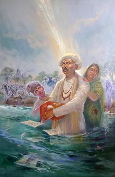 a painting of two people standing in the water with one person holding an object while another man looks on