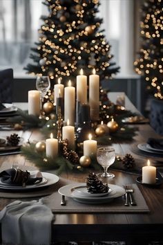 a dining room table set with candles and place settings for christmas dinner, surrounded by lit pine cones