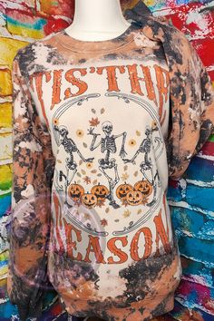 Fall Bleached Sweatshirt, Tis The Season Halloween Skellies, Pumpkin, Fall Leaves, Cow Bleached Sweatshirt, Autumn Crewneck, Sweater Weather -Polyester/cotton blend (Unisex Sizing) -Heather grey -Gildan Brand  -Every shirt will vary how they bleach. Which makes each one unique and special 😊 -Hand Bleached -Sublimation print -My current processing time for orders that will be shipped is 7-10 Business days! There are times where a certain shirt color is sold out and I am unable to get it, if this Distressed Long Sleeve Tops For Fall, Soft-washed Acid Wash Tops For Fall, Fall Skull Print Crew Neck Top, Spooky Skull Print Fall Top, Spooky Skull Print Top For Fall, Spooky Skull Print Tops For Fall, Distressed Long Sleeve T-shirt For Fall, Vintage Distressed Tops For Fall, Fall Skull Print Long Sleeve T-shirt