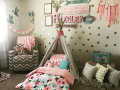 a teepee tent is in the corner of a room with polka dot wallpaper