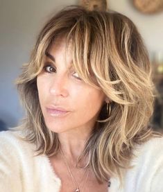 Midi Shag with Layered Curtain Bangs Curtain Bangs 40 Year Old, Haircuts That Make You Look Younger, Honey Blonde Hair Color, Honey Blonde Hair, Helena Christensen, Short Hair Balayage, Curtain Bangs, Years Younger, Shoulder Length Hair