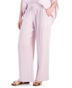 in stock Spring Wide Leg Lounging Pants With Drawstring, Full Length Cotton Bottoms For Daywear, Pink Relaxed Fit Bottoms With Drawstring, Comfortable Lounging Pants For Spring, Lounging Drawstring Wide-leg Pants, Relaxed Fit Pink Bottoms With Drawstring, Cotton Lounging Pants For Spring, Chic Daywear Bottoms With Drawstring, Comfortable Pink Summer Pants