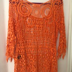 Pretty Orange Crocheted Beach Cover Up. Jagged Hem And Sleeves, Scooped Neck. Grt Over Your Bathing Suit, Or With A Cami Underneath. Never Worn, Been In My Closet Since Last Year. Crochet Lace Tops For Beach Vacation, Summer Party Crochet Top With Crochet Lace, Summer Party Crochet Lace Top, Summer Party Crochet Top, Summer Vacation Tops With Crochet Lace, Crochet Lace Tops For Summer Vacation, Bohemian Crochet Top For Spring Party, Orange Summer Vacation Cover-up, Orange Summer Beach Party Cover-up