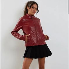 New With Tags Motel Olivia Jacket In Pu Blood Red, The Olivia Jacket Features A Regular Fit With A Silver Zip Front, Long Sleeves And A Collared Neckline With Button Clasp Fastening. Complete With Side Pockets. Size Medium Motel Rocks, Blood Red, Coats Jackets Women, Skirt Leather, Red Leather Jacket, Red Leather, Women's Jacket, Casual Skirts, Dress With Sneakers