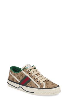 Gucci serves up some heritage style with a low-top sneaker branded with Web striping, double-G sole embossing and retro sport labels at the tongue and footbed. Style Name:Gucci Tennis 1977 Platform Sneaker (Women). Style Number: 6002528. Available in stores. Gym Shoes Outfit, Gucci Tennis Shoes, Tenis Gucci, 2020 Outfits, Shoes Gucci, Trendy Boots, Gucci Sneakers, Retro Sport, Heritage Fashion