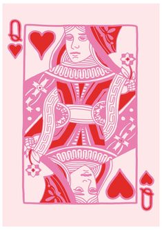 a pink and red playing card with hearts on the back, in front of a white background