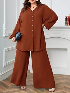 2pcs Plus Size Women Summer Loose Drop Shoulder Top And Wide Leg Pants Casual Outfit Set Brown Casual    Plain  Non-Stretch Spring/Fall Women Plus Clothing, size features are:Bust: ,Length: ,Sleeve Length: Long Shirt Coord Sets, New Long Top Designs For Women, Winter Simple Outfits, Kurta Designs Women Casual, Eid Kurta, Cord Dress, Drop Shoulder Shirt, Latest Dress Design, Stylish Short Dresses