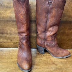 Listed At $399, Selling For $200, Authentic Frye Leather Cowgirl Boots. 3” Heel, Brown, Subtle Western Stitching. Classic Vintage Brown Boots, Rustic Almond Toe Boots, Vintage Leather Heeled Boots For Western-themed Events, Vintage Leather Heeled Boots For Western Events, Leather Classic Heeled Boots For Western-themed Events, Vintage Leather Heeled Boots For Rodeo, Vintage Snip Toe Boots With Stacked Heel, Vintage Boots With Stacked Heel And Snip Toe, Classic Heeled Boots For Western-themed Events