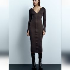 Ribbed Front Hook Closures Runs Small Zara Ribbed Midi Dress, Zara Midi Ribbed Dress, Fitted Ribbed Midi Dress By Zara, Elegant Ribbed Zara Dress, Zara Fitted Ribbed Midi Dress, Elegant Zara Ribbed Dress, Zara Long Sleeve Ribbed Dress, Zara Ribbed Midi Dress For Fall, Zara Ribbed Dresses For Fall