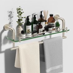 a shelf that has some bottles and soaps on it