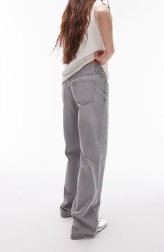 Low-slung nonstretch jeans are cut with puddling cuffs and turned to a dreamy shade of ultralight grey. 30" inseam; 21" leg opening; 10" front rise; 13 1/2" back rise (size 32) Zip fly with button closure Five-pocket style 100% cotton Machine wash, line dry Made in Turkey Gray Straight Leg Jeans For Fall, Spring Gray Denim Flare Jeans, Spring Gray Flare Denim Jeans, Gray Jeans For Everyday Fall Wear, Everyday Gray Bottoms For Spring, Everyday Spring Gray Bottoms, Mid-rise Gray Bottoms For Spring, Gray Straight Leg Bottoms For Spring, Gray Flare Jeans With Five Pockets