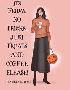 there is a woman holding a coffee cup and a jack - o'- lantern