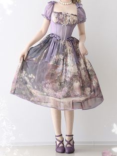 This price includes a dress only, others are not included.  Capture the essence of classic Lolita style with this stunning dress. The basque waist design creates a flattering silhouette, while the square neckline and puff sleeves add a touch of elegance. The intricate oil painting print features vibrant floral details, making this one piece dress a charming addition to any wardrobe. Embrace your love for Lolita fashion with this exquisite piece that effortlessly combines timeless beauty with modern flair.   	 		 			Size 			S 			M 			L 			XL 			2XL 		 		 			Bust 			78-82 			82-86 			86-90 			90-96 			96-102 		 		 			Waist 			60-64 			64-68 			68-72 			72-76 			76-80 		 		 			Full Length 			109 			110 			111 			112 			113 Purple Midi Dress With Fitted Bodice For Summer, Spring Empire Waist Fitted Corset Dress, Fitted Empire Waist Dress With Floral Print, Fitted Floral Print Dress With Empire Waist, Square Neck Corset Dress For Garden Party, Feminine Purple Square Neck Dress, Vintage Dress With Fitted Bodice And Sweetheart Neckline, Summer Dress With Corset Back And Empire Waist, Summer Empire Waist Dress With Corset Back