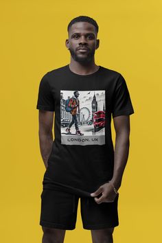 Embrace your wanderlust with our  London England Black Man Shirt, designed for the stylish Black Man / Traveller / Explorer. This London Afro-Mod Graphic Shirt, Crewneck Sweatshirt and / or Hoodie are perfect for any adventure. Celebrate Black travel with apparel made by a Black-owned business.   ** Please scroll past these directions to get detailed information on the different product types.   To see more from our Travel / Places section, please click here: https://www.etsy.com/shop/BIPOCAdven Black Graphic T-shirt For Urban Adventures, Black Crew Neck T-shirt For Urban Adventures, Cotton Crew Neck T-shirt For Travel, Graphic Print Short Sleeve T-shirt For Travel, Graphic Tee With Crew Neck For Travel, Casual Black Top For Travel, Black Short Sleeve Shirt For Adventure, Black Short Sleeve Adventure Shirt, Black Crew Neck T-shirt For Travel