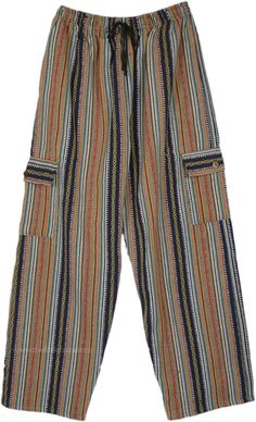 Unique thick cotton fabric unisex striped trousers with beautiful black and beige stripes interlocked with multicolor detail. These pants look different and noticeable. #tlb #SplitSkirtsPants #XLPlus #Tall #Fall #Striped #bohemianfashion #Handmade #bohogiftsformen #bohogift Striped Long Pants With Pockets, Striped Cotton Bottoms, Casual Striped Cotton Harem Pants, Multicolor Cotton Bottoms With Side Pockets, Bohemian Striped Cotton Pants, Tie Dye Long Skirt, Future Clothing, Swag Fits, Crazy Fashion