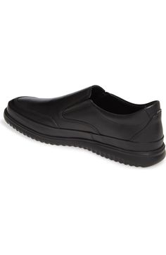 Leather Slip-on Walking Shoes With Rubber Sole, Leather Slip-on Walking Shoes, Functional Synthetic Slip-ons With Round Toe, Slip-on Low-top Loafers For Walking, Slip-on Work Sneakers With Rubber Sole, Business Walking Shoes With Rubber Sole, Black Moc Toe Slip-ons With Cushioned Footbed, Slip-resistant Leather Loafers With Round Toe, Leather Loafers With Slip-resistant Round Toe