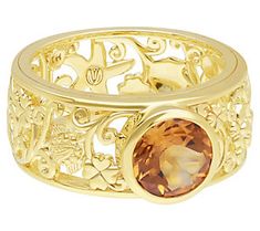 Lend elegant detail to your look with this occasion-worthy ring featuring a wide band with ornate filigree and a boldly sparkling gem. From Goddaughters. Citrine Ring, Daughter Of God, Wide Bands, Citrine, Gold Rings, Jewelry Rings, Gems, Sparkle, Band