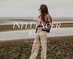 a woman standing on the beach with her back to the camera and text that reads, the influencer bundle