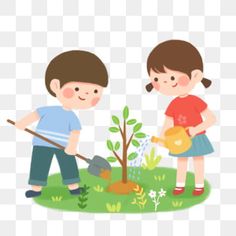 two children are working together to plant a tree