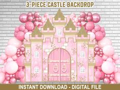 an image of a castle with balloons on the front and back wall, in pink