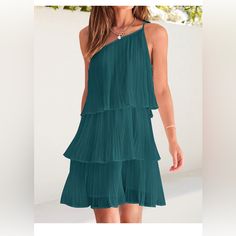 Nwt Color: Teal Product Details Fabric Type One Hundred Percent Polyester Care Instructions Machine Wash Origin Imported Closure Type Tie About This Item Small/Us 4-6, Medium/Us 8-10, Large/Us 12-14, X- Large/Us 16-18. All The Colors Are Lined. Charming And Elegant. Boho Beach Dress Features Spaghetti Straps, Straight Neck, Elastic High Waist, Solid Color, Cute Ruffle Tiered Skirt, Sexy Backless Style, With Above Knee Length, The Chic One Shoulder Design Better To Show Your Beautiful Shoulders A Sleeveless Ruffled Chiffon Dress For Brunch, Sleeveless Ruffled Chiffon Dress For Vacation, Flowy Sleeveless Chiffon Dress With Ruffle Hem, Tiered Chiffon Mini Dress For Brunch, Chic Sleeveless Chiffon Dress With Spaghetti Straps, Summer Tiered Chiffon Dress With Ruffles, Chic Chiffon Sleeveless Dress With Spaghetti Straps, Summer Chiffon Dress With Spaghetti Straps And Ruffles, Spring Sleeveless Chiffon Ruffle Dress