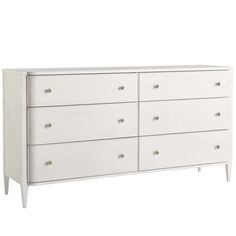 a white dresser with six drawers and two doors on each side, in front of a white background