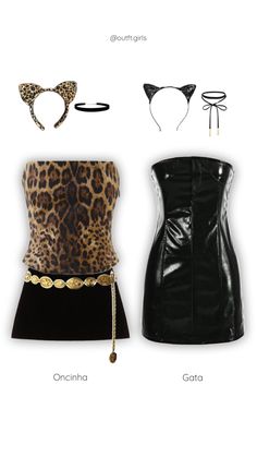 two different types of clothes with leopard print on the top and black leather skirt, one in