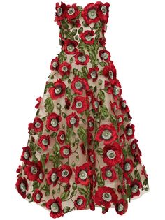 multicolour tulle panel floral embroidery strapless concealed rear zip fastening silk lining Poofy Dresses, Cream Outfit, Poppy Dress, Embroidered Midi Dress, Red Floral Dress, City Dress, Red Midi Dress, Van Cleef Arpels, Couture Collection