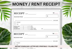 a printable receipt with palm leaves around it and the words, money / rent receipt