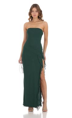 Mesh Ruffle Slit Dress in Green | LUCY IN THE SKY Green Wedding Guest Dresses, Prom Dress Inspo, Long Green Dress, Dark Green Dress, Lucy In The Sky, Prom Dress Inspiration, Cute Prom Dresses, Green Prom Dress, Vestidos Prom