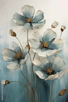 an oil painting of white flowers on a blue background