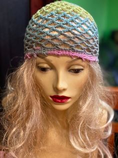 This crochet mesh beanie is made with a finest cotton acrylic yarn. Material: 55%cotton, 45%acrylic The colors are mixed blue, pink, green  It is a handmade crocheted  Crochet hat made with love If you are interested in more crochet stuff please visit my store: https://www.etsy.com/shop/RenaDiDesignCrochet?ref=seller-platform-mcnav Thanks 😊 One Size Crochet Lace Hat, Handmade Adjustable Beanie For Spring, Handmade Beanie For Spring, One Size Fits Most, One Size Crochet Mini Beanie Hat, Handmade Spring Beanie, One Size Fits Most, Crochet Beanie For The Beach, Crochet Beanie Bonnet, One Size Fits Most, Pink Bohemian Crochet Beanie Hat, Handmade Yarn Beanie For Spring