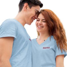 Cute couple matching shirts that can be customized with any short text on the front and back. Use for Valentine's Day, Honeymoon, Date Night, Anniversary and more. Choose from text such as True Love, Better Together, Forever Always and In Love Since, or send in one of your own. These couples jerseys makes great couple gifts as well.This design is available as a Crewneck Tee, Long Sleeve T-Shirt, Hoodie, Sweatshirt or Crop Top.In order to provide quick turnaround, we source from four different to Personalized Blue Short Sleeve Tops, Casual Personalized Short Sleeve Shirt, Custom Text Blue Short Sleeve T-shirt, Blue Short Sleeve T-shirt With Custom Text, Casual Personalized Blue T-shirt, Personalized Blue Cotton Tops, Cute Couple Matching, Short Text, Top Clothing Brands