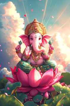 an elephant sitting on top of a pink flower in front of a blue sky with clouds