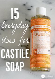 a bottle of castle soap sitting on top of a marble counter with the words, 15 everyday uses for castle soap