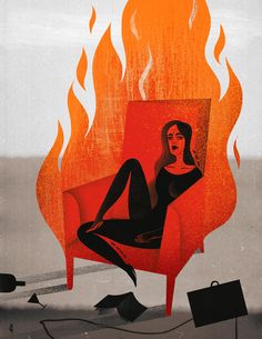 a woman sitting in a red chair on fire