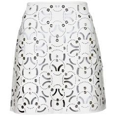 For Sale on 1stDibs - New Versace Runway White Leather Skirt S/S 2015 Collection Designer size 40 - US 6 100% Leather, Laser Cut, Metal Silver Tone Grommet Accents, No Lining, White Leather Skirt, White Runway, Versace Runway, Versace Fashion, Vintage Versace, Laser Cut Metal, Versace Outfit, Cindy Crawford, Gianni Versace