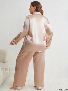 Peilia - Premium Plus Size Pajama Set for Women - Stylish Long Sleeve Satin Shirt with Button Up Front and Contrast Binding, Accompanied by Comfy Lounge Pants - 2 Piece Set Beige Long Sleeve Sets For Home, Long Sleeve Pajama Set With Buttons, Long Sleeve Pajama Party Set With Buttons, Beige Long Sleeve Sets With Buttons, Comfy Lounge Pants, Loungewear Pants, Post Partum Outfits, Comfy Lounge, Plus Size Pajamas