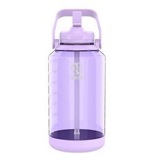 a purple water bottle with a white lid and handle on the side, sitting against a white background