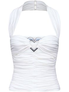 off-white stretch-design ruched detailing heart motif halterneck rear hook fastening square open back straight hem Area Fashion Brand, Area Clothes, Heart Corset Top, Crystal Dresses, Heart Corset, Chloe 2024, Ruched Halter Top, Hero Outfits, Nyc Nightlife