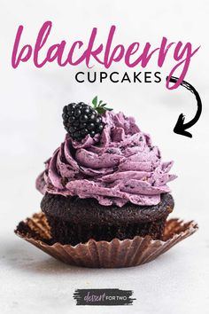 a chocolate cupcake with purple frosting and blackberries on top is featured in the cover of the book blackberry cupcakes