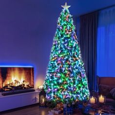 a lit christmas tree in a living room