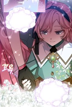 an anime character with pink hair and blue eyes standing in front of some white flowers