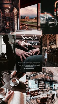 the collage shows people holding hands and drinking coffee in front of bookshelves