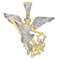 This eye-catching genuine Diamond Saint Michael Pendant is crafted in solid 10K Yellow Gold and shimmering white diamonds, ensuring sparkle from every angle. Radiant with 0.64 TCW t.w. of genuine diamonds, this pendant is buffed to a polished luster. Exclusive pendant has well built frame with caged backing to withstand everyday wear and tear. The diamonds are securely held between the gold mounting in a pave setting close together to give off a big shine. Matching diamond bail to complete the c St Michael Pendant, Green Yellow Blue, Saint Michael, St Michael, Fine Jewellery Necklace, Rose Cut Diamond, Lab Created Diamonds, Gold Plated Silver, 10k Gold