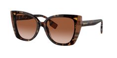 Elevate your fashion and style quotient with Burberry Meryl sunglasses. The polished dark havana/check brown acetate frame in a unique cat eye shape adds a touch of sophistication to any look. The brown gradient lenses not only provide excellent vision but also offer a stylish transition from top to bottom. These shades are a versatile accessory for everyday wear. Designer Tortoiseshell Sunglasses With Uv Protection, Formal Tortoiseshell Sunglasses With Gradient Lenses, Designer Brown Cat Eye Sunglasses With Tinted Lenses, Classic Brown Cat Eye Sunglasses With Gradient Lenses, Elegant Brown Wayfarer Sunglasses, Luxury Tortoiseshell Cat Eye Sunglasses With Gradient Lenses, Classic Brown Cat Eye Sunglasses With Square Frame, Classic Brown Cat Eye Sunglasses, Modern Brown Cat Eye Sunglasses For Formal Occasions