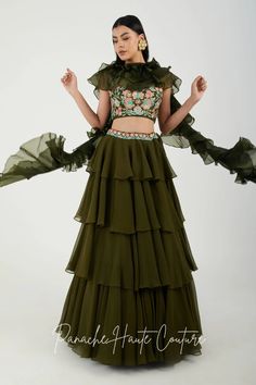 Mehendi Color Tiered Skirt with Crop Top – Panache Haute Couture Skirt Top Traditional, Indowestern Dresses, Indowestern Gowns, Reception Gowns, Indo Western Gown, Indian Fashion Trends, Curated Outfit, Ethnic Chic, Unique Outfit