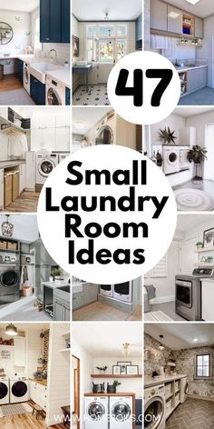 the words small laundry room ideas are shown in black and white, with images of different appliances