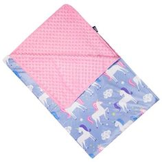 two pink and blue blankets with unicorns on them, one is folded over the other