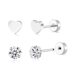 PRICES MAY VARY. 【Hypoallergenic Titanium Earrings】These 5mm silver heart and cz stud earrings are made of pure titanium(like sterling silver hypoallergenic, better than surgical steel and others material) with AAA+ Cubic Zirconia Gem. High polished and smooth surface design will less likely to bend or scratch. So these hypoallergenic earrings allows you to sleep or nap without removing the earrings. Hypollargenic & Lightweight. Perfect for your sensitive ears. 【Flatback Earrings for Multiple Pi Flatback Earrings, Ear Piercing Studs, Second Hole Earrings, Tragus Piercing Jewelry, Earrings For Sensitive Ears, Cartilage Earrings Stud, Conch Earring, Flat Back Earrings, Titanium Earrings